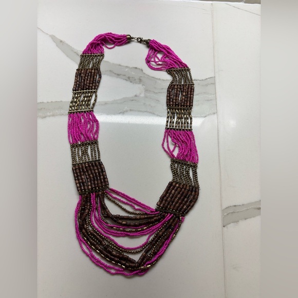 Vibrant Pink and Brown beaded Statement Necklace - Picture 1 of 5